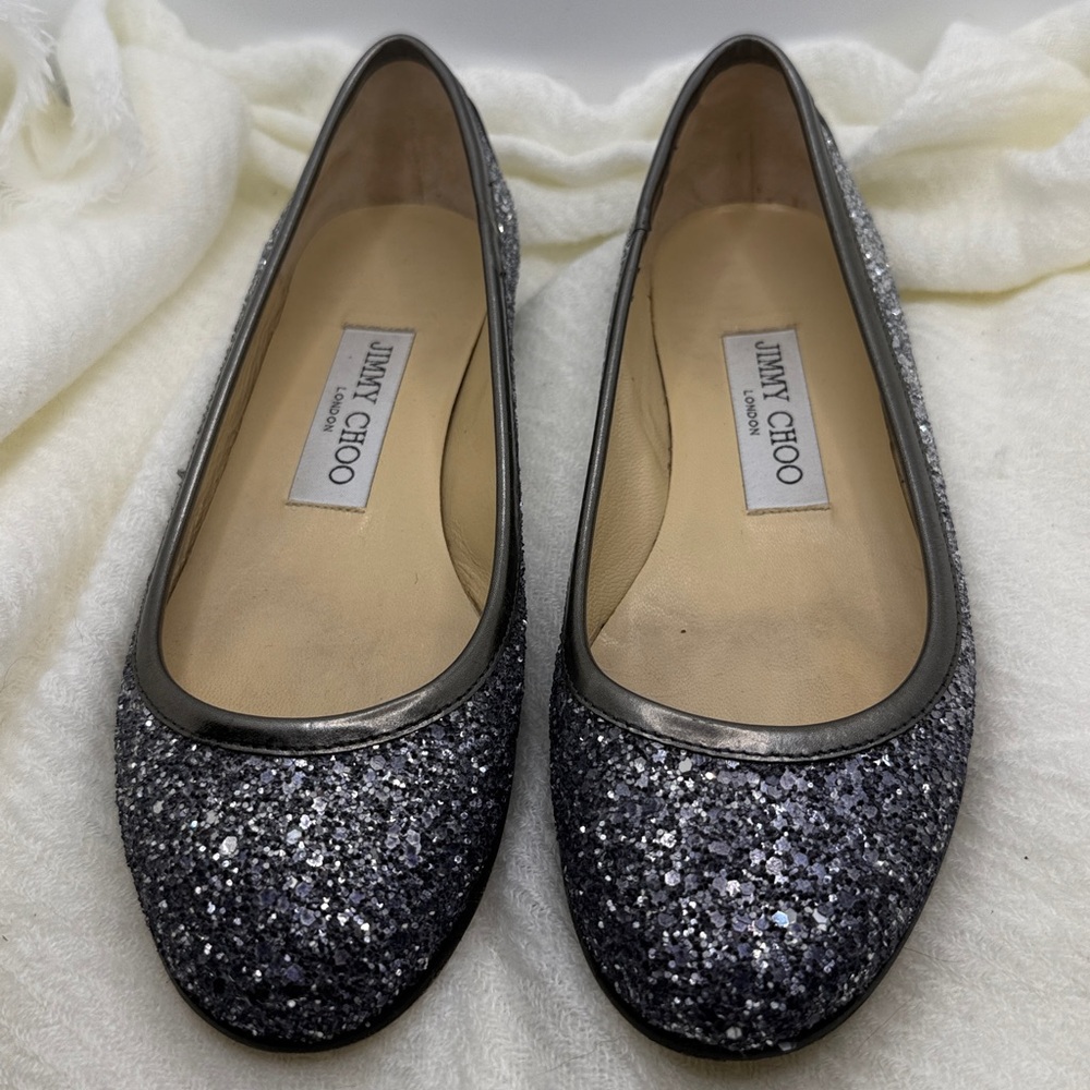 Jimmy Choo Silver Coarse Glitter Ballet Flats Size 4